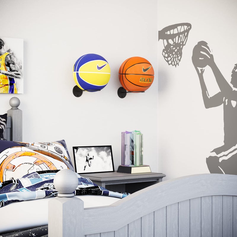 والنيتشر Wallniture Palla Ball تخزين الرف مجموعة من 2 كرة القدم الكرة الطائرة كرة القدم وكرة السلة رف للرجل الكهف وغرفة الأطفال عرض ديكور حامل للتذكارات الرياضية أسود - Image 2